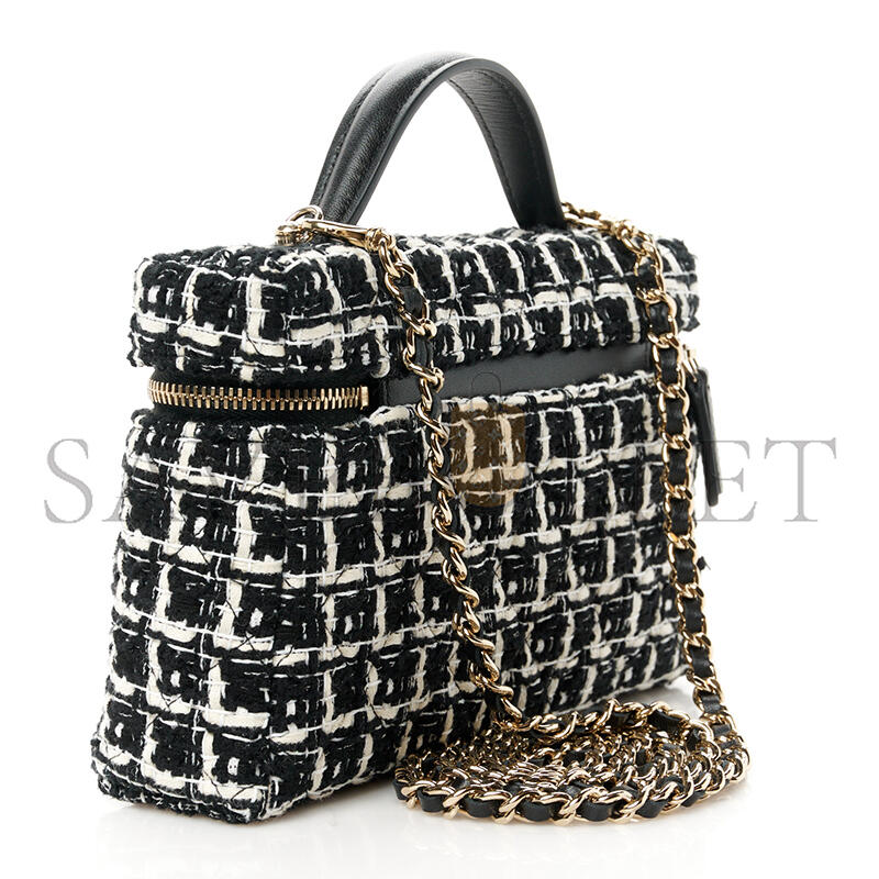 CHANEL TWEED QUILTED TOP HANDLE SLIM LONG VANITY BLACK ECRU WHITE AP4385 (19.5*17*5cm)
